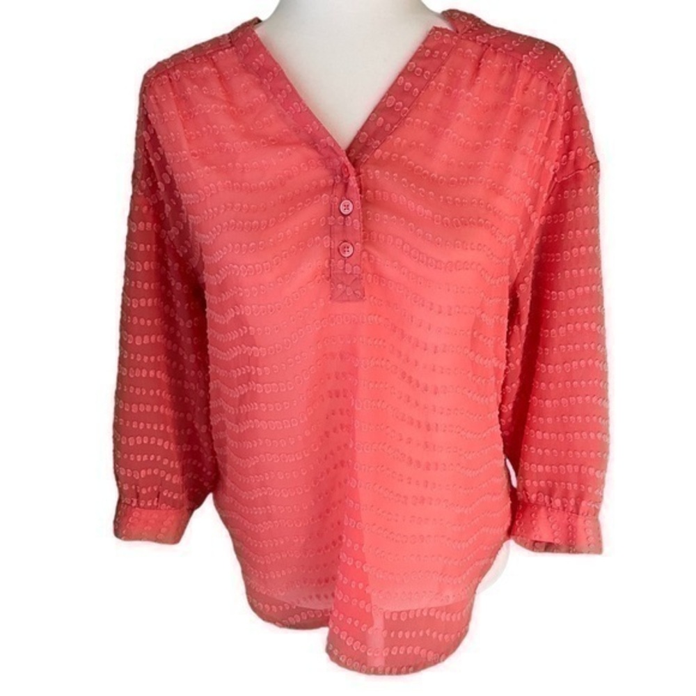 Ann Taylor Blouse Women’s Coral Dotted Applique Henley 3/4 Sleeve Top | Size S
